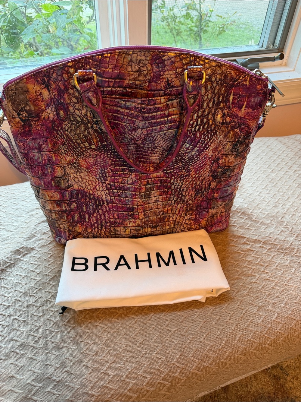 Brahmin Purple and Gold Croc-Embossed Leather Tote
